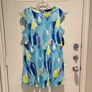 New York & Company A-Line Blue Yellow Casual Cotton Sleeveless Sun Dress Size XL